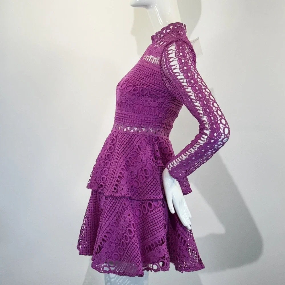 NWT Endless Rose Women's Purple Ornate Lace Long Sleeve Mini Dress Size: XS